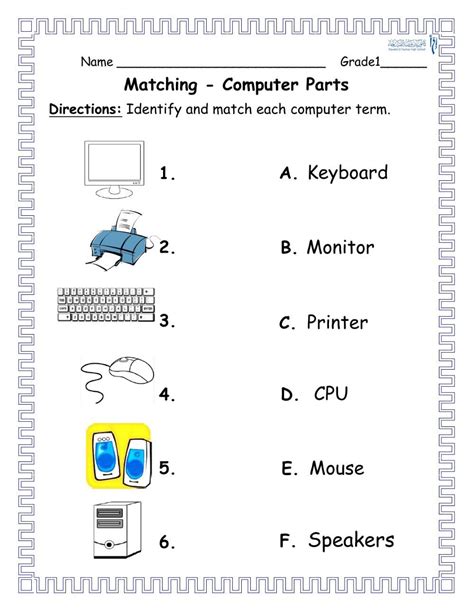parts of a computer worksheet for grade 1